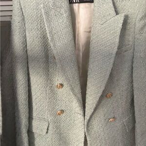 Zara Women's Mint Textured Blazer with Gold Buttons